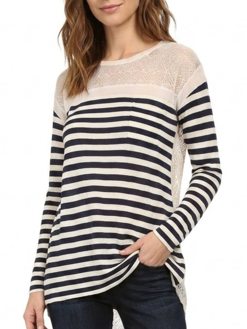 Bcbg Lexi Lace Crew Neck Top With High-Low hem